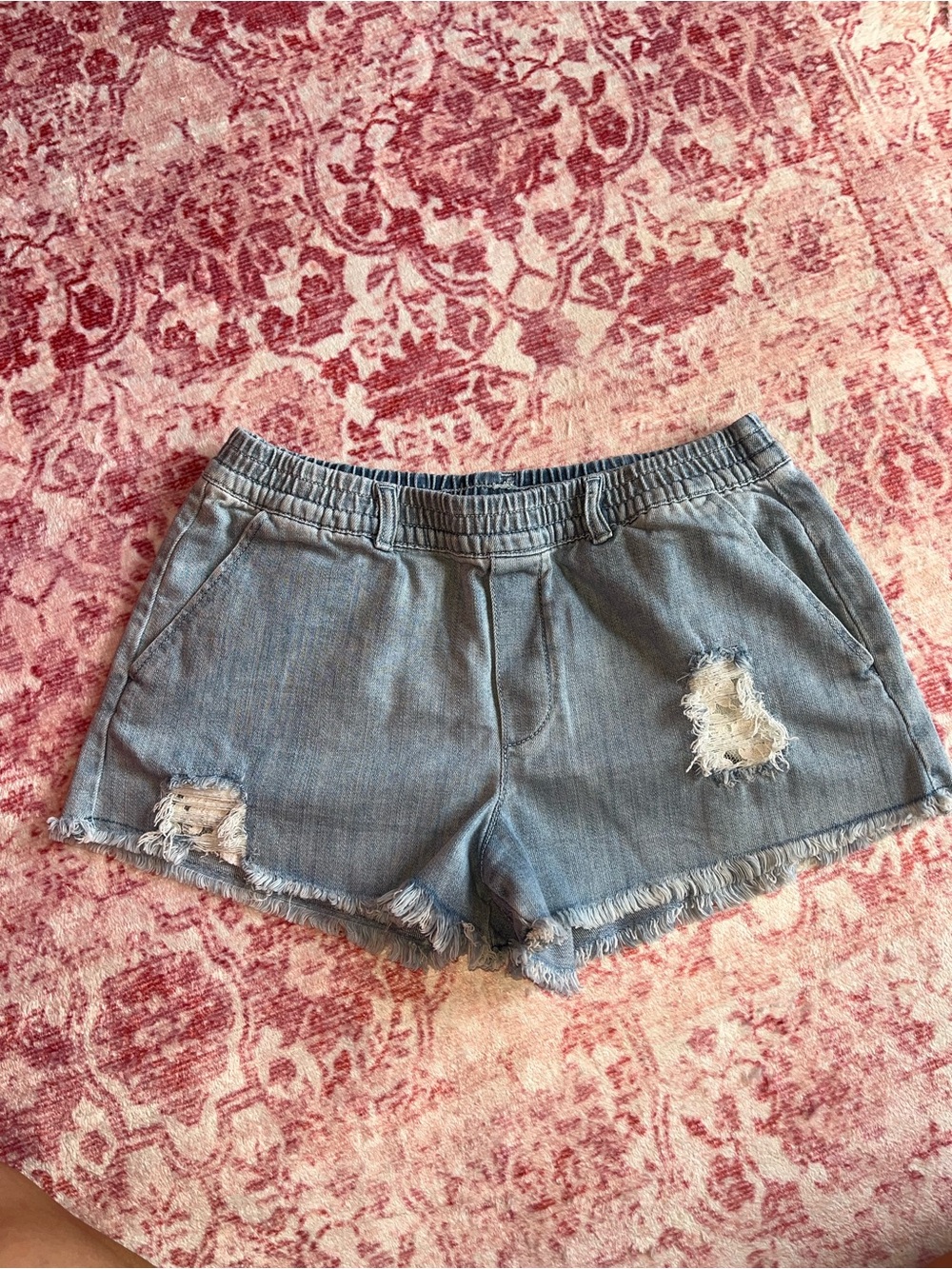 aerie Light Blue Distressed Denim Shorts with white lace
